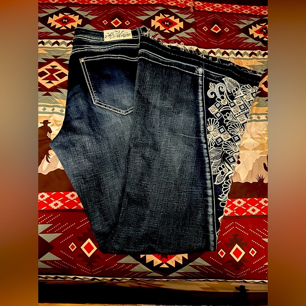 Grace in LA Dark Blue Flare Jeans with White Embroidery